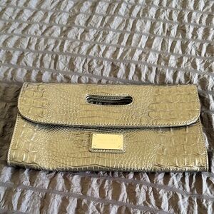 Nine West Metallic Gold Croc-Embossed Foldover Clutch with Handle